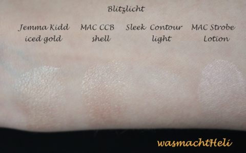 Swatches Highlighter Jemma Kidd Dewy Glow iced gold, MAC Cream Colour Base shell, Sleek Contour Kit light, MAC Strobe Liquid Lotion Blitzlicht