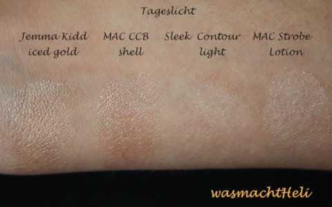 Swatches Jemma Kidd Dewy Glow MAC Cream Colour Base shell, Sleek Highlighter, MAC Strobe Liquid