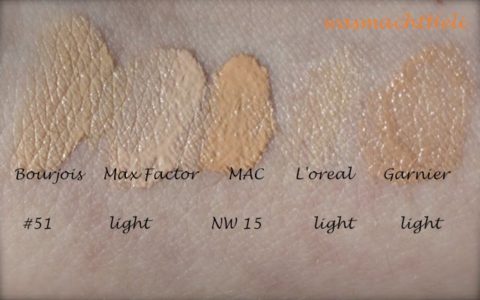 Swatch: Bourjois Healthy Mix 51, Max Factor Soft Resistant light, MAC NW15, L'oreal BB Cream nude magique, Garnier BB Cream light