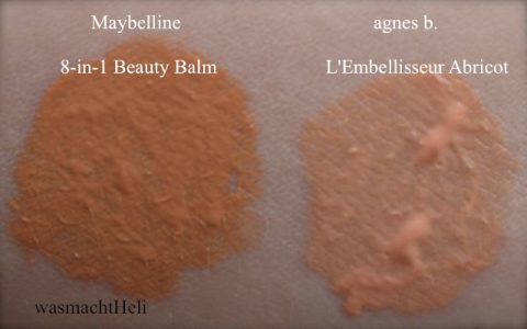 Foto Swatches Maybelline BB 8-in1 und agnes b embellisseur abricot