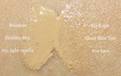 Swatches Liz Earle 01 bare vs. Bourjois Healthy Mix 51 light vanilla