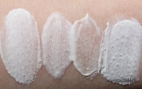 Swatches von Melvita prosun, Kibio solaire, GreenPeople, Lavera Sonnenlotion