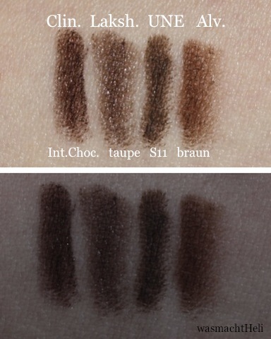 Swatches von Intense Chocolate, Lakshmi taupe, UNE S11 und Alverde braun