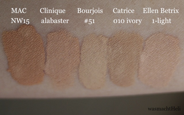 Swatches von Clinique Stay Matte alabaster, MAC NW15, Bourjois Healthy Mix #51, Catrice Infinite Matt 010 ivory und Ellen Betrix Soft Resistant light