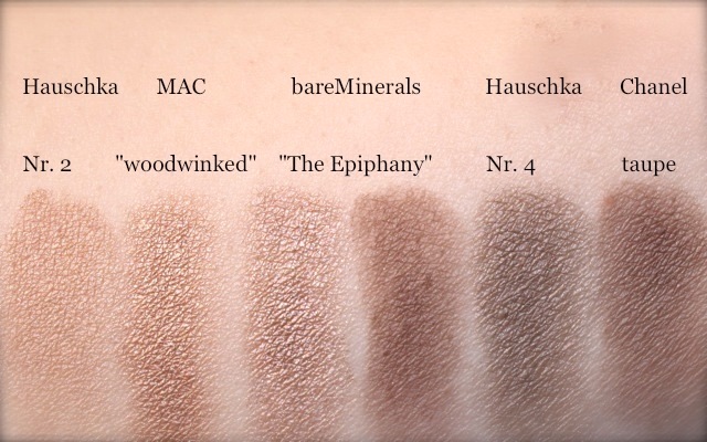 Swatches: Hauschka 2, MAC Woodwinked, bareMinerals The Epiphany, Hauschka 4, Chanel Taupe