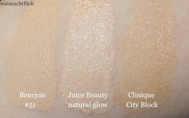 Swatch Juice Beauty CC Cream natural glow, Boujois Healthy Mix #51, Clinique City Block Sheer Tint