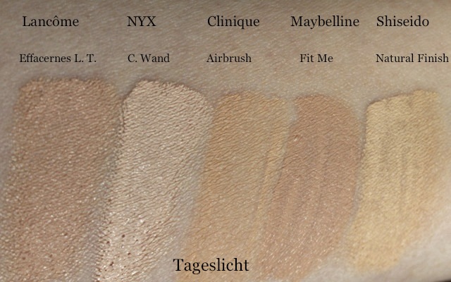 Swatch: Concealer Lancome Effacernes Longue Tenue, NYX Concealer Wand, Clinique Airbrush, Maybelline Fit Me, Shiseido Natural Finish Concealer