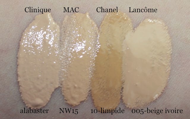 Swatch Clinique alabaster, MAC NW15, Chanel Vitalumiere 10 limpide, Lancome Teint Visionnaire 005 beige ivoire