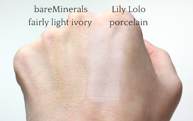 Swatch: Everyday Minerals "fairly light ivory" + Lily Lolo "porcelain"