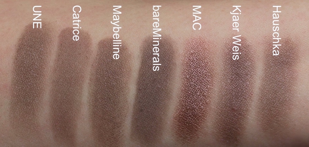 Swatches: UNE S15, Catrice Starlight Espresso, Maybelline permanent taupe, bareMinerals The Perfect Storm, MAC Satin Taupe, Kjaer Weis Wisdom, Dr. Hauschka graubraun